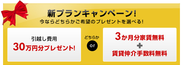 新プランキャンペーン！今ならどちらかご希望のプレゼントを選べる！引越し費用30万円プレゼントor3ヶ月分家賃無料＋仲介手数料無料